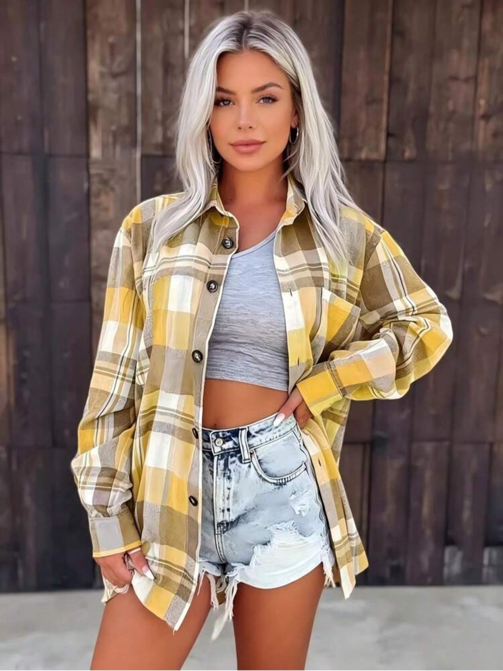 Yellow Plaid Button-Up Shirt size L